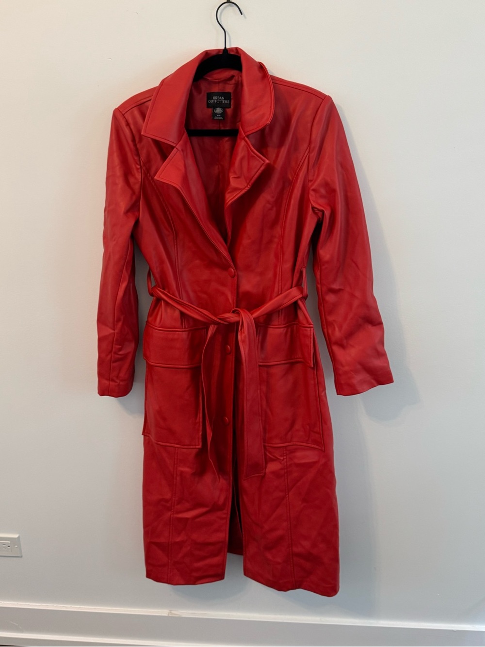 Urban Outfitters Bright Red Leather Trench Coat with Tie Belt